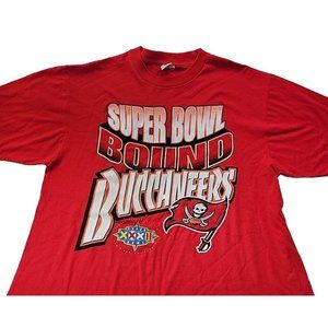 Vintage 1998 90s Men XL Red Super Bowl XXXII Bound Buccaneers NFL Football Shirt